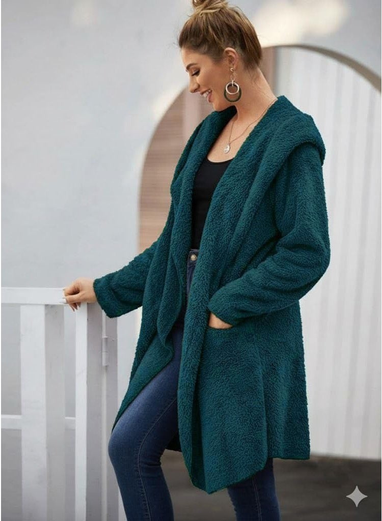 Solid Dual Pocket Open Front Teddy Coat (Teal) - Image 3